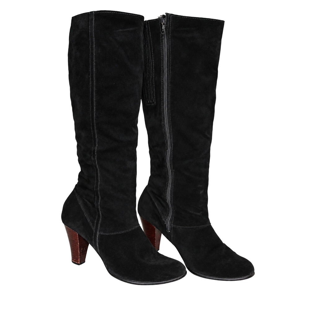 Trotters Suede Knee High Stacked Heel Boots Women 3" Heel Black